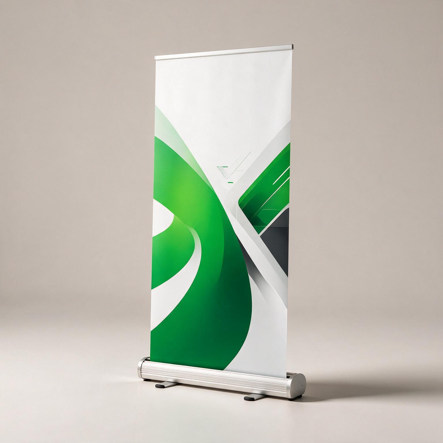Roll-Up mit grünem Schwungmotiv in silberner Aluminium-Kassette