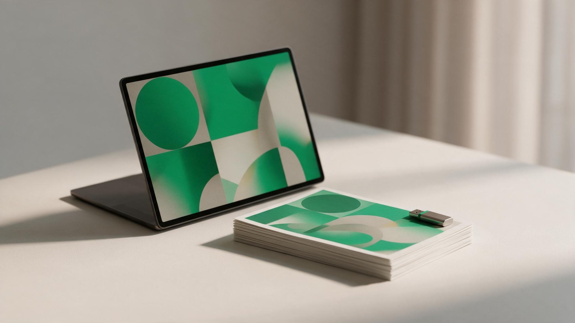 Aufgeklappter Laptop mit abstraktem grünem Formmotiv auf dem Bildschirm, daneben derselbe Entwurf als Stapel gedruckter Bogen und ein USB-Stick