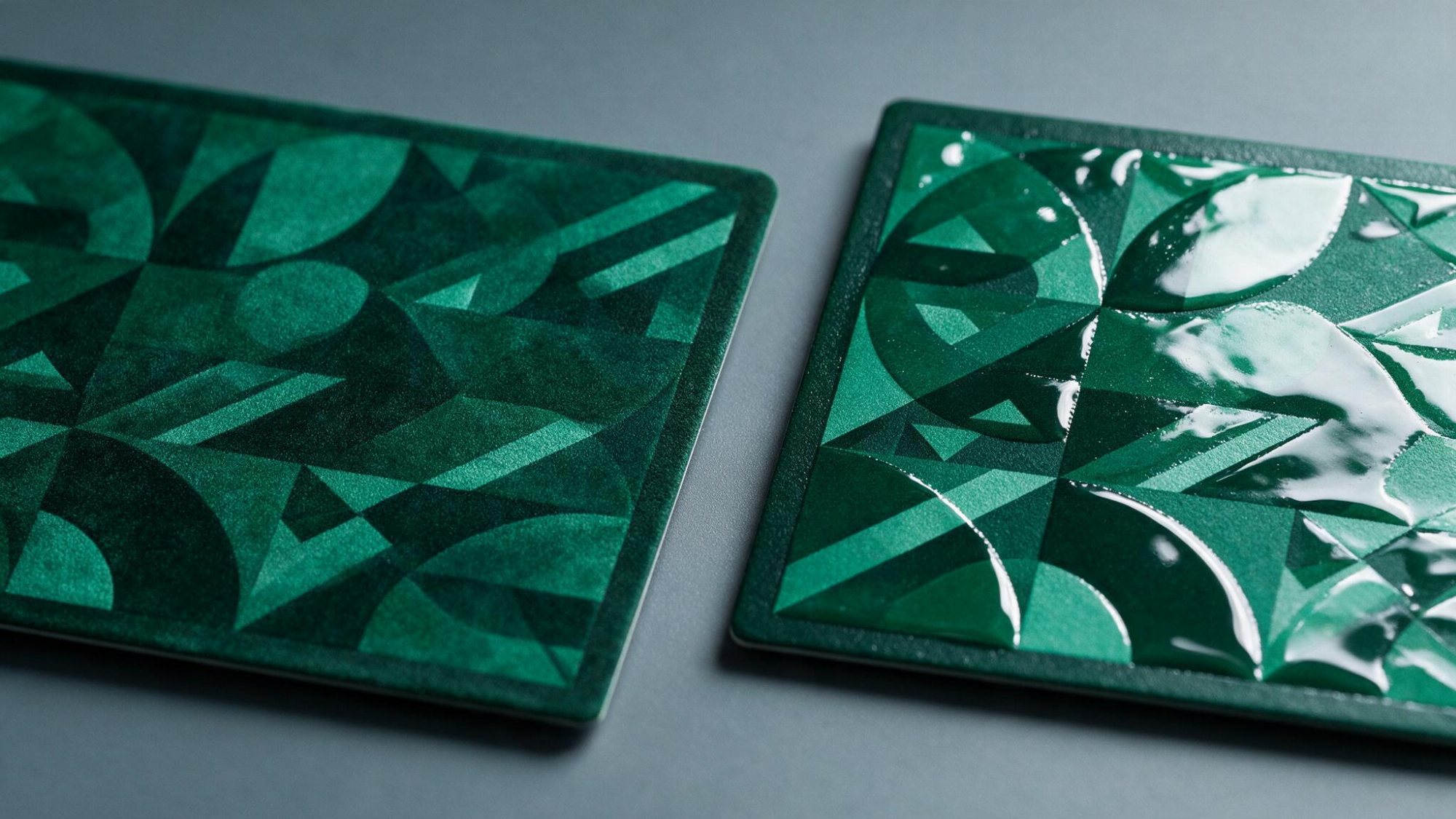 Zwei bedruckte Muster nebeneinander: links matte Softtouch-Oberfläche, rechts derselbe Druck mit glänzendem UV-Lack