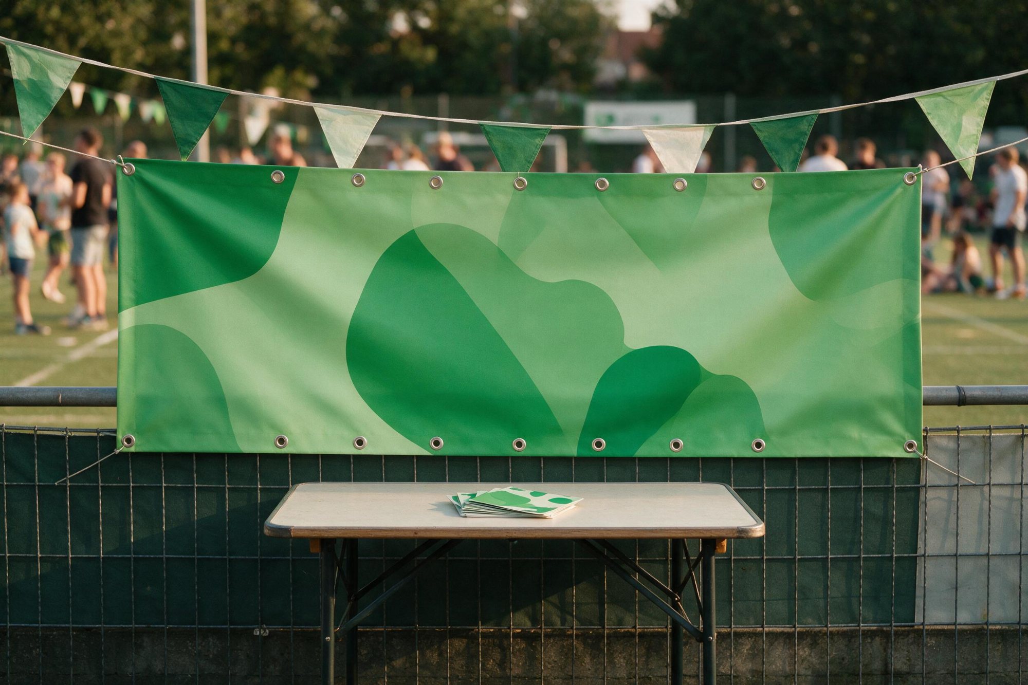 Banner an der Bande eines Sportplatzes beim Vereinsfest