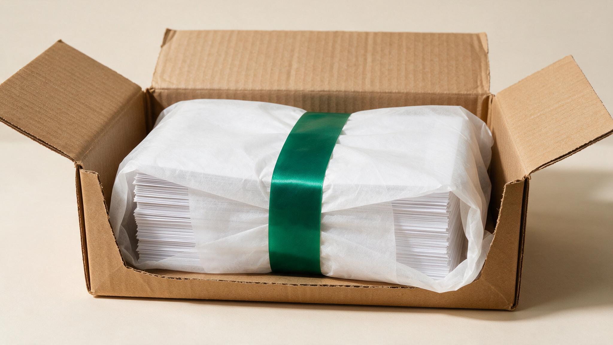 Geöffneter Versandkarton mit seidenpapierverpacktem Druckstapel und grünem Band