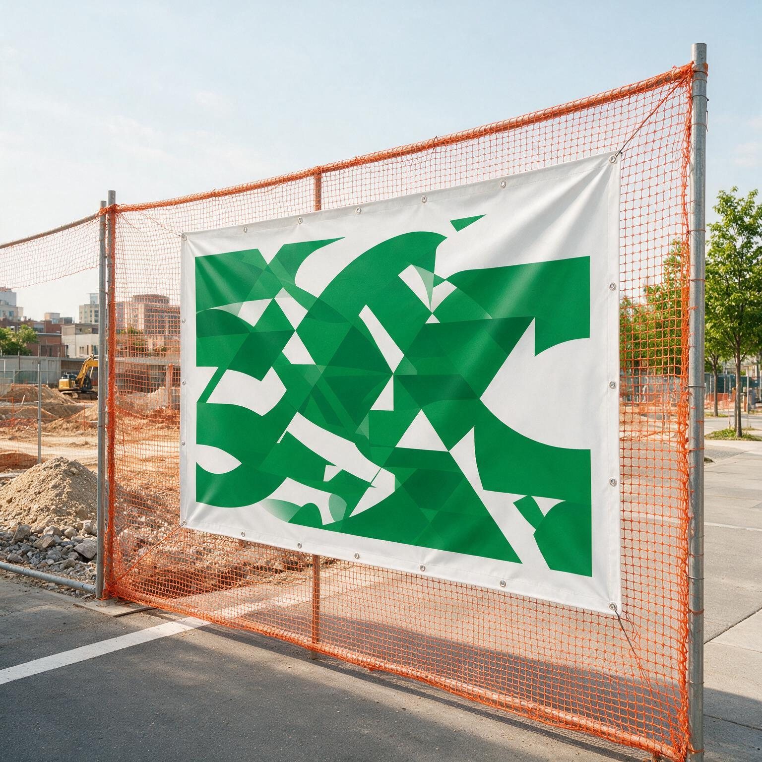 PVC-Banner mit Ösen an einem Bauzaun vor einer Baustelle