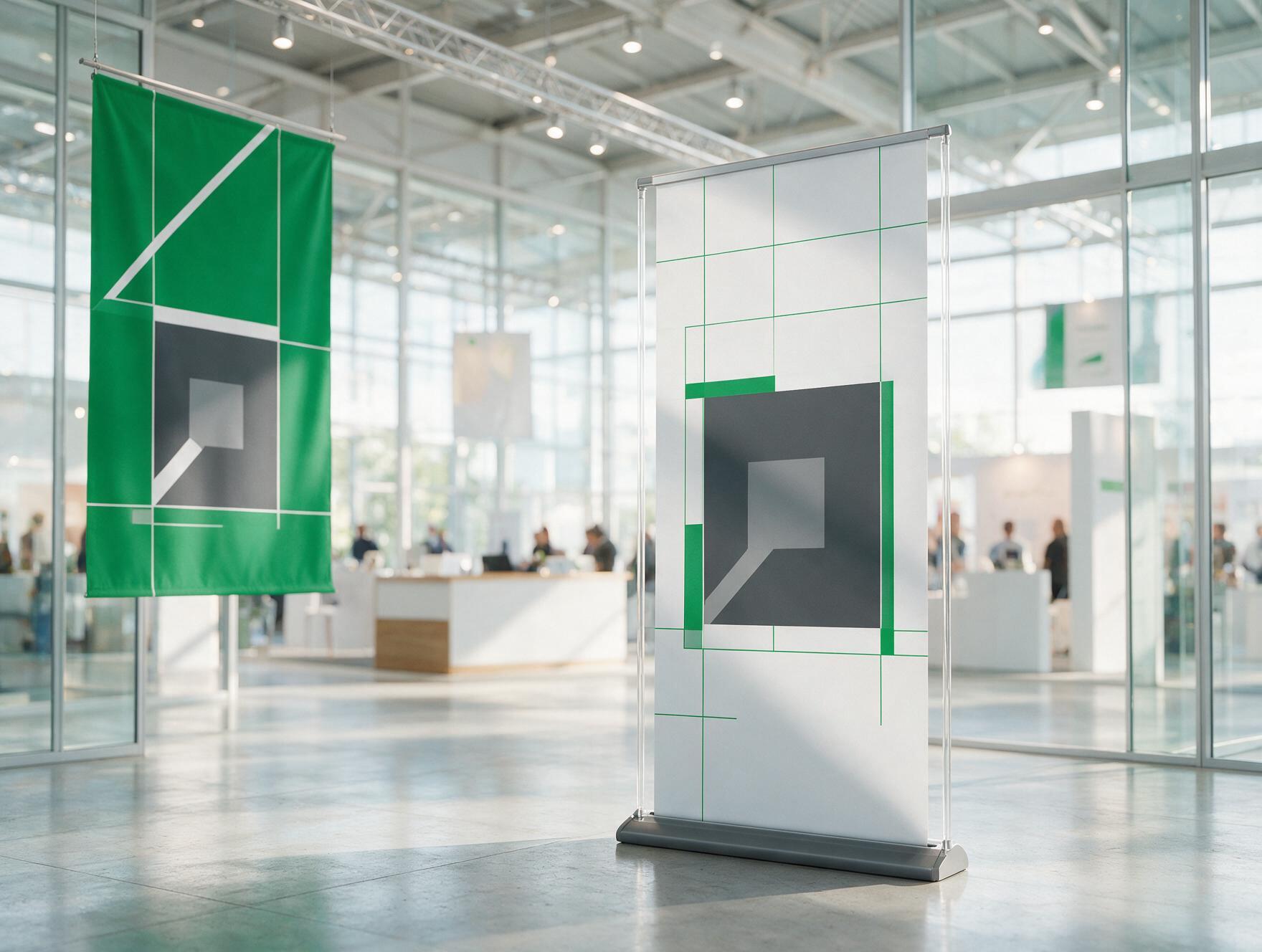 Roll-Up und hängendes Textilbanner mit grünem Beispielmotiv in einer hellen Messehalle