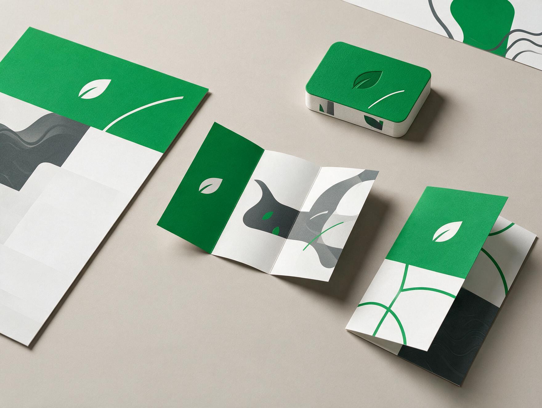 Briefbogen, Falzflyer, Klappkarte und Visitenkarten-Box mit grünem Beispielmotiv in der Draufsicht