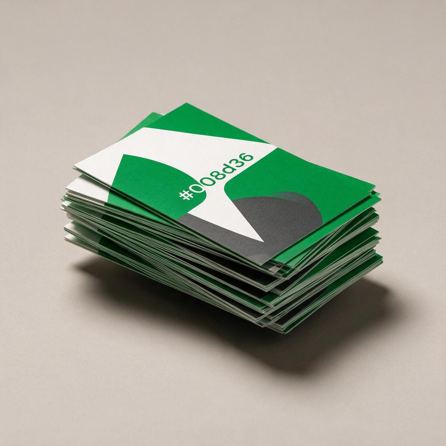 Stapel frisch gedruckter Flyer mit grün-weißem Beispielmotiv