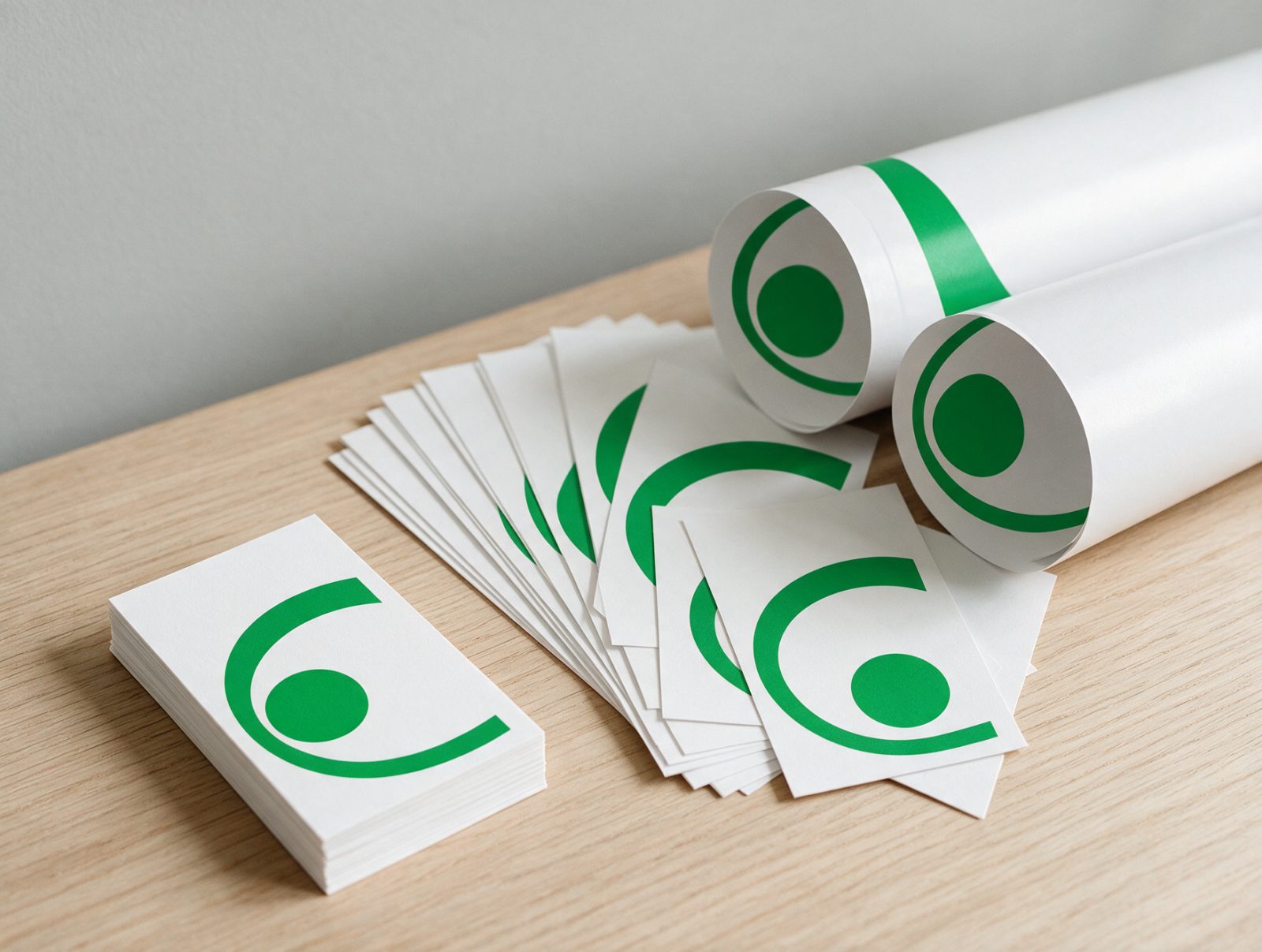 Visitenkartenstapel, gefächerte Flyer und zusammengerollte Plakate mit grünem Beispielmotiv nebeneinander auf hellem Tisch