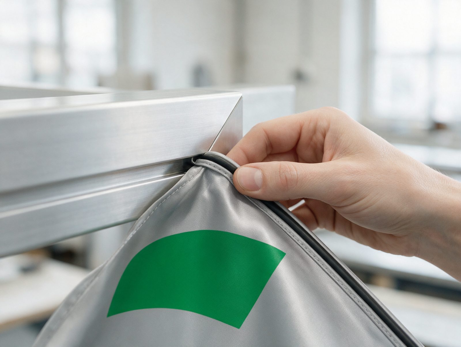 Nahaufnahme der Rahmenecke: eingenähte Kederlippe des Stoffs wird in die Nut des Aluminiumprofils gedrückt