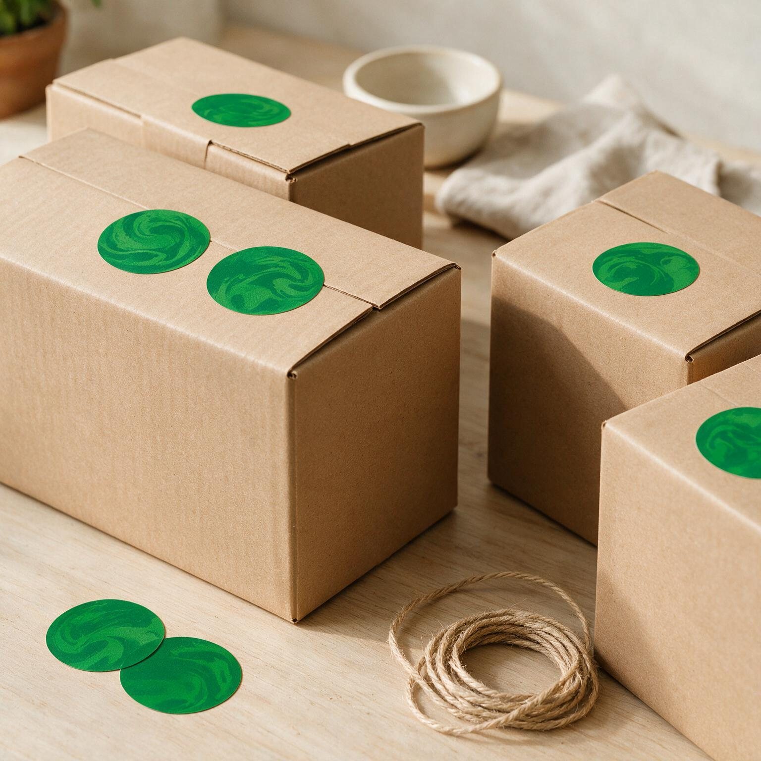 Versandkartons mit runden grünen Aufklebern als Verpackungssiegel