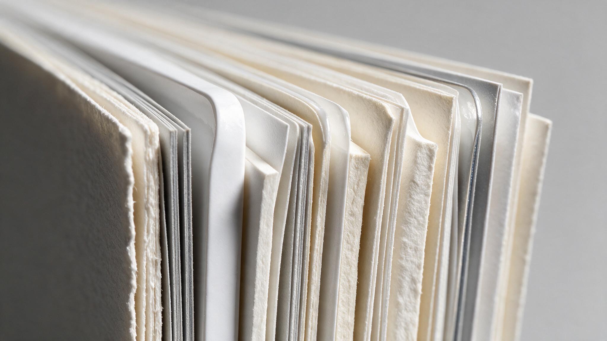 Aufgefächerter Papierstapel von der Schnittkante: verschiedene Grammaturen und Oberflächen von rau und naturweiß bis glatt gestrichen