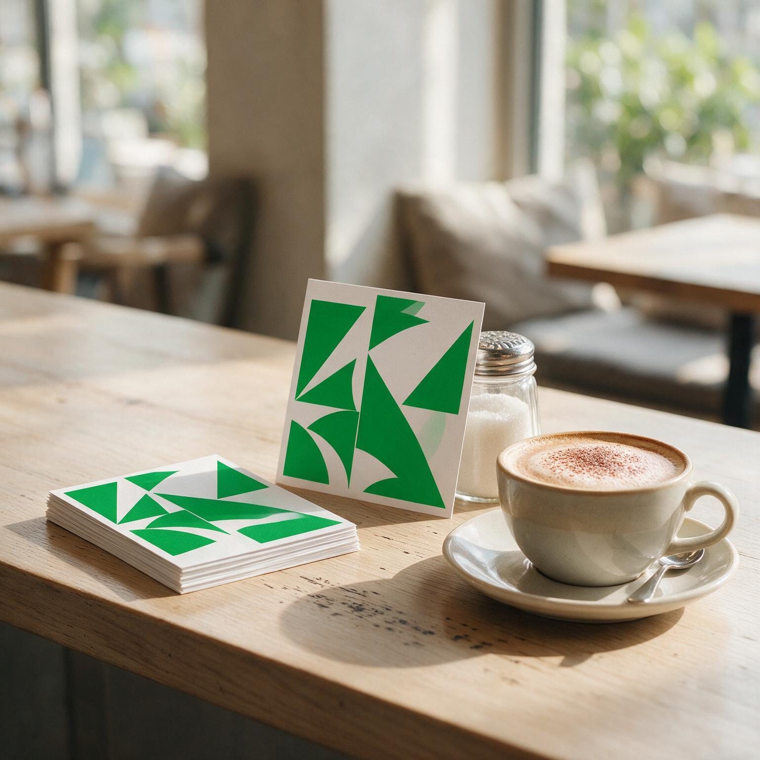 Werbekarten mit grünem Motiv auf einem Cafétisch neben einem Cappuccino