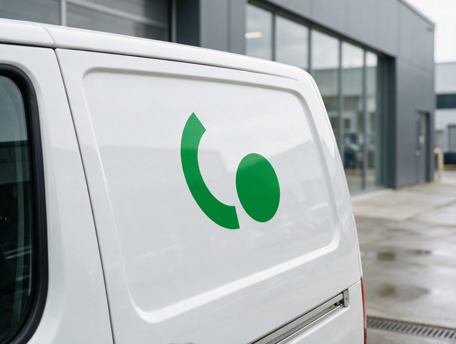 Weißer Transporter mit einfarbiger grüner Türbeschriftung vor einer hellen Halle