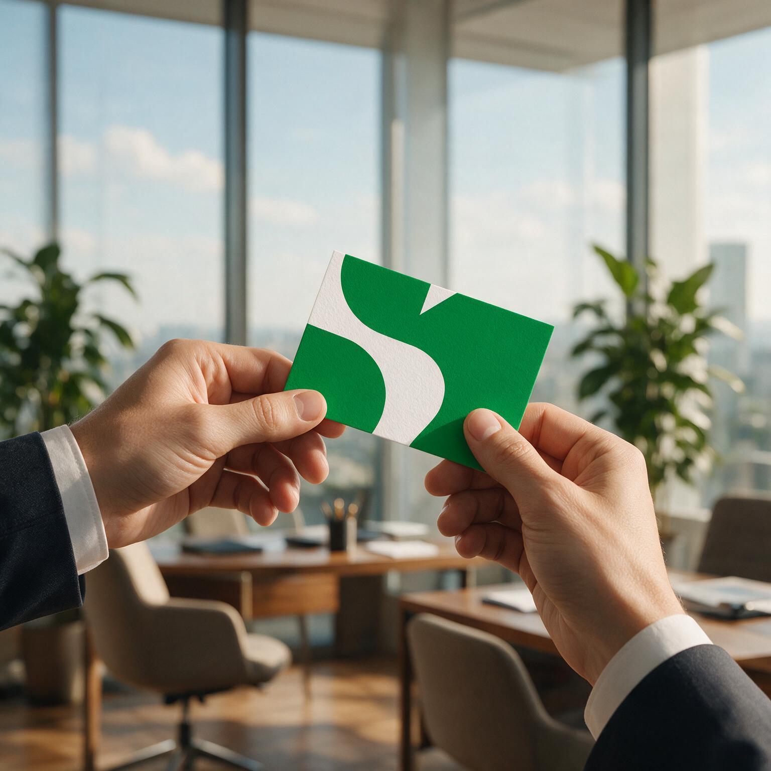 Visitenkarte mit grünem Motiv wird im Büro von Hand zu Hand übergeben
