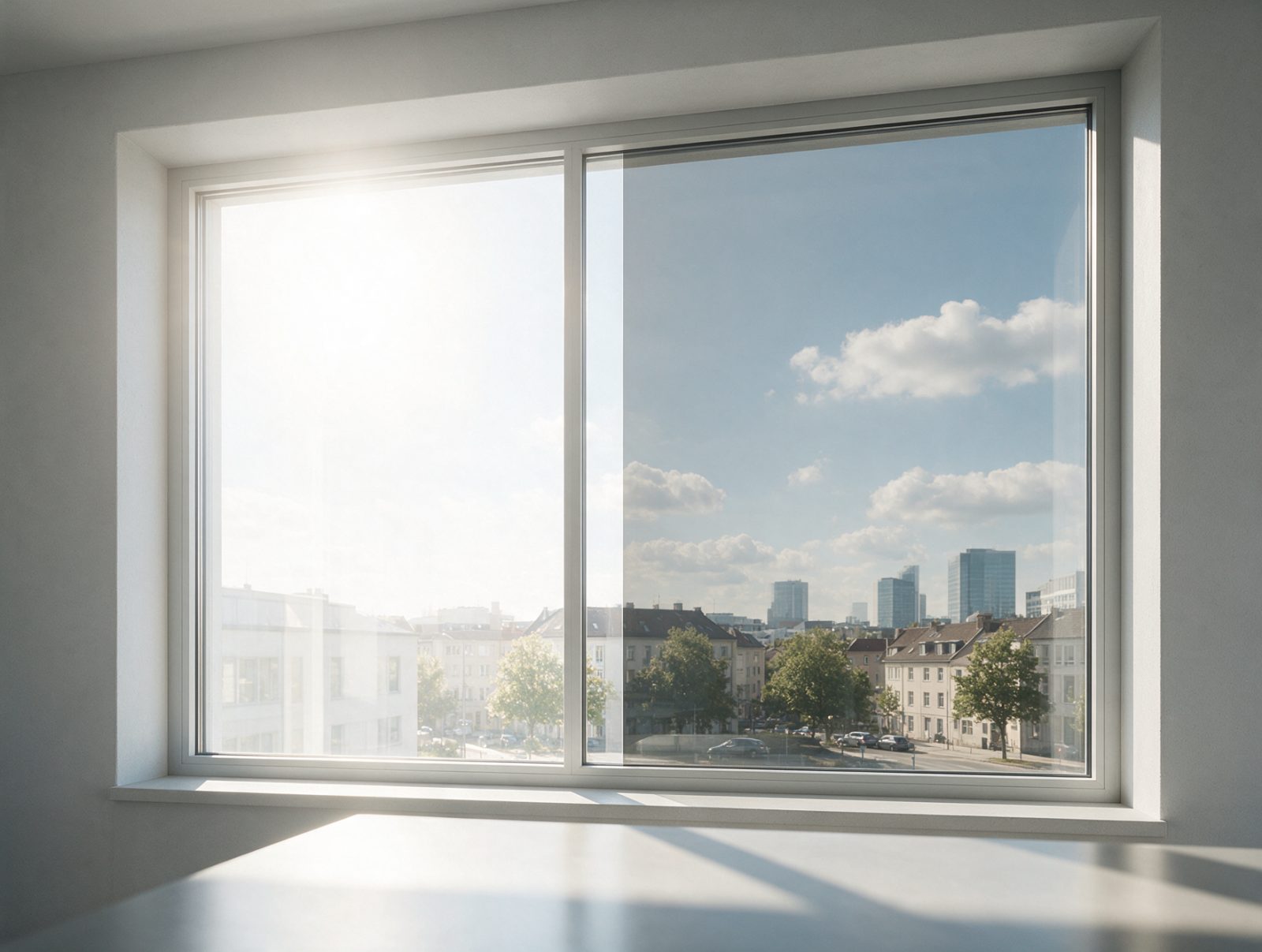 Bürofenster mit Sonnenschutzfolie, links die unbeklebte Scheibe im grellen Gegenlicht, rechts die getönte Fläche