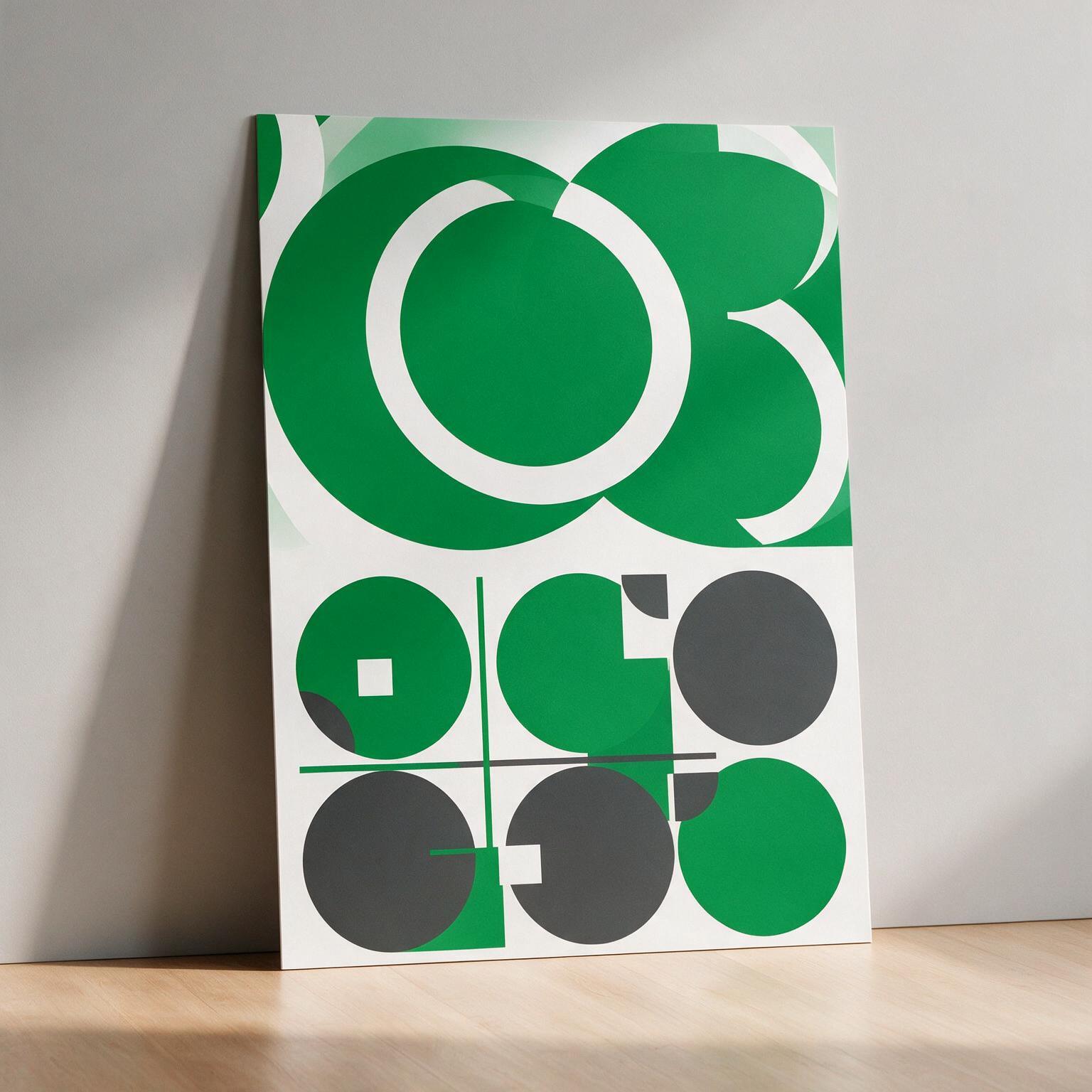 Großformatiges Plakat mit grün-grauem Kreismotiv an eine Wand gelehnt