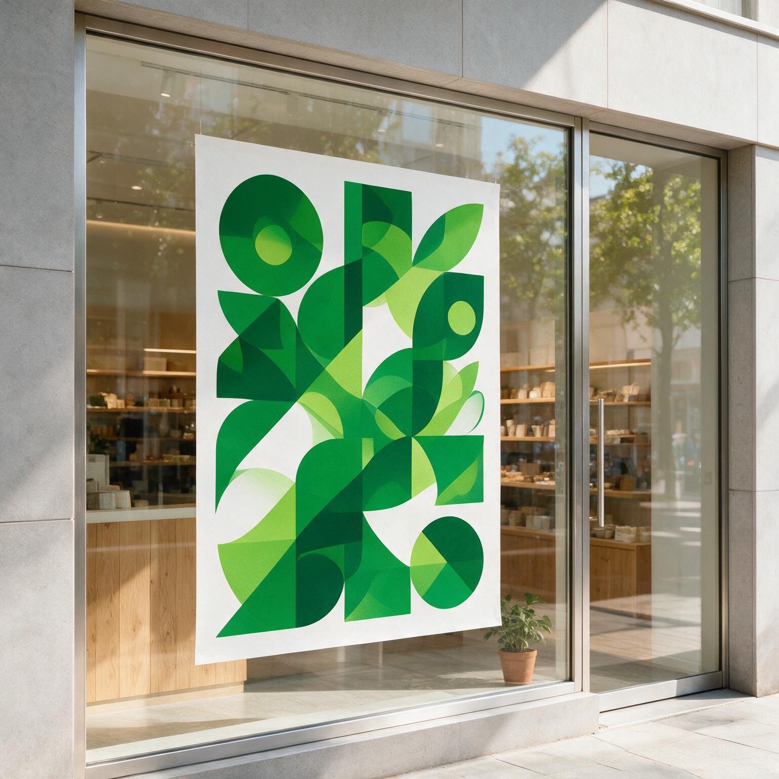 Plakat mit grünem Blattmotiv hängt im Schaufenster eines Ladens