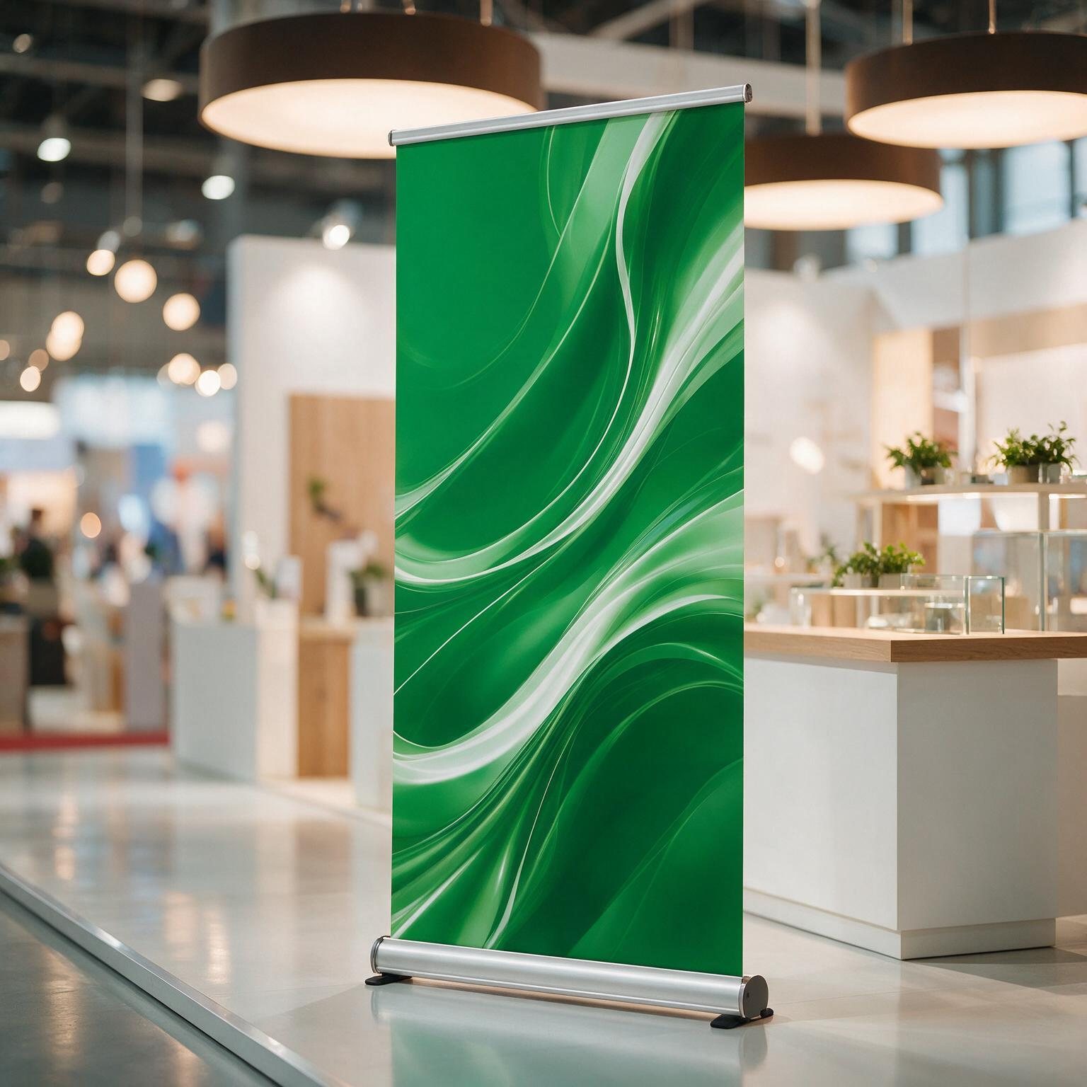 Roll-Up mit grünem Motiv steht auf einem Messestand