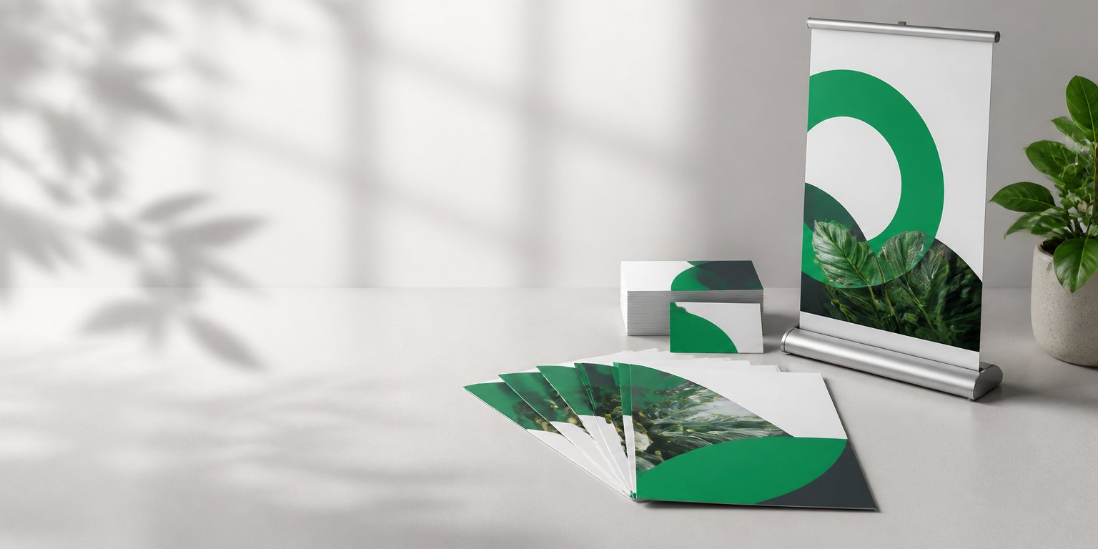Gefächerte Flyer, Visitenkartenstapel und Mini-Roll-Up mit grünem Beispielmotiv auf hellem Tisch